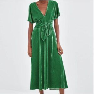 Zara trf green velvet midi dress | size S